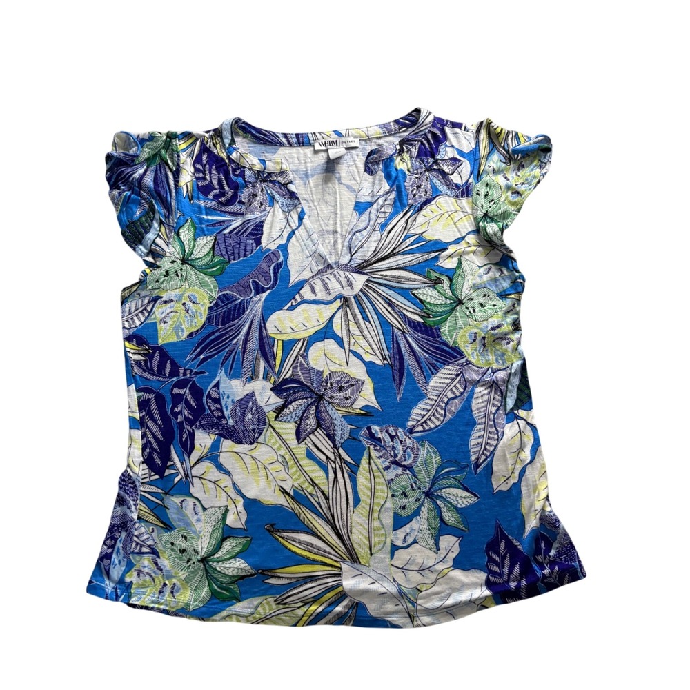 WHBM White House Black Market Blue Tropical Floral Flutter Sleeve Top Large